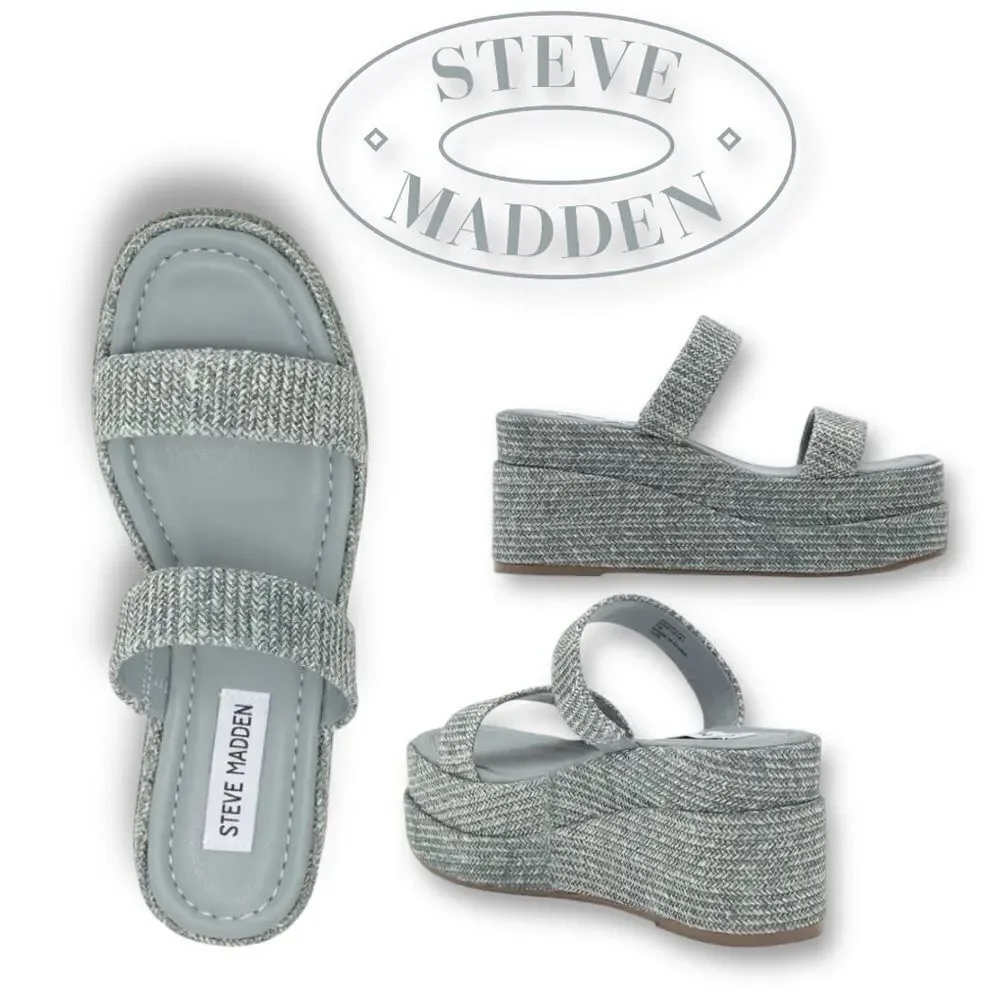 STEVE MADDEN Women’s Merrcer Platform Slide Sandals in the Size 9 in Blue Raffia